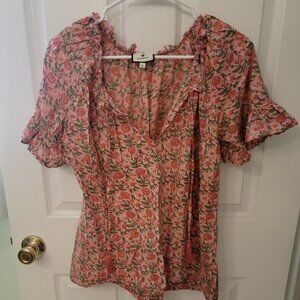 Tuckernuck Pink Floral Tie Neck Cotton Blouse | Flutter Sleeve